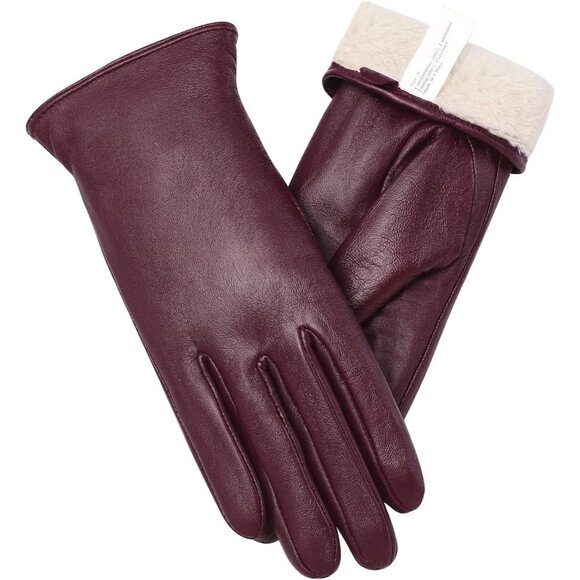 Women's Wine Red Touch Screen Warm Winter Driving Hull-Hand Leather Gloves - Picture 1 of 6